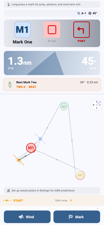 Navigator race view showing distance and bearing to the next mark alongside the course diagram