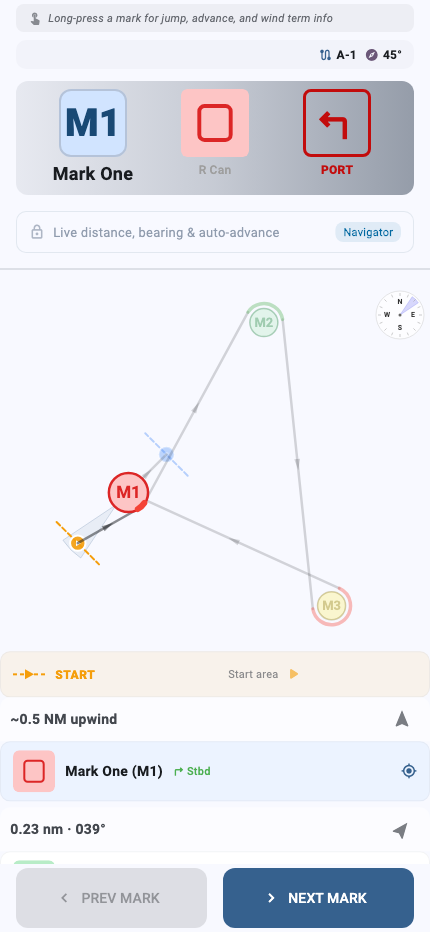 Active navigation screen showing bearing and distance to the next mark