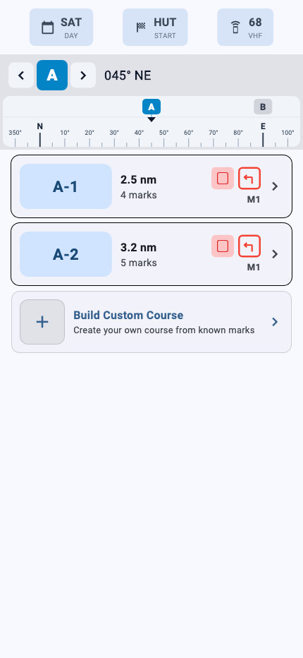 Pre-start navigator view with course and wind information