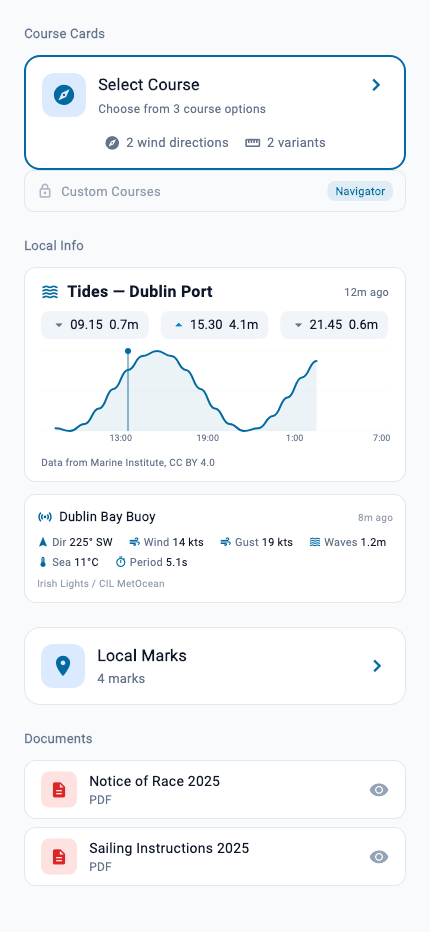 Race documents screen listing sailing instructions and notices