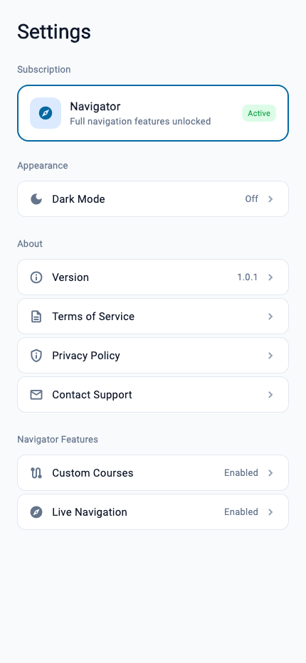 Navigator settings including boat and instrument configuration