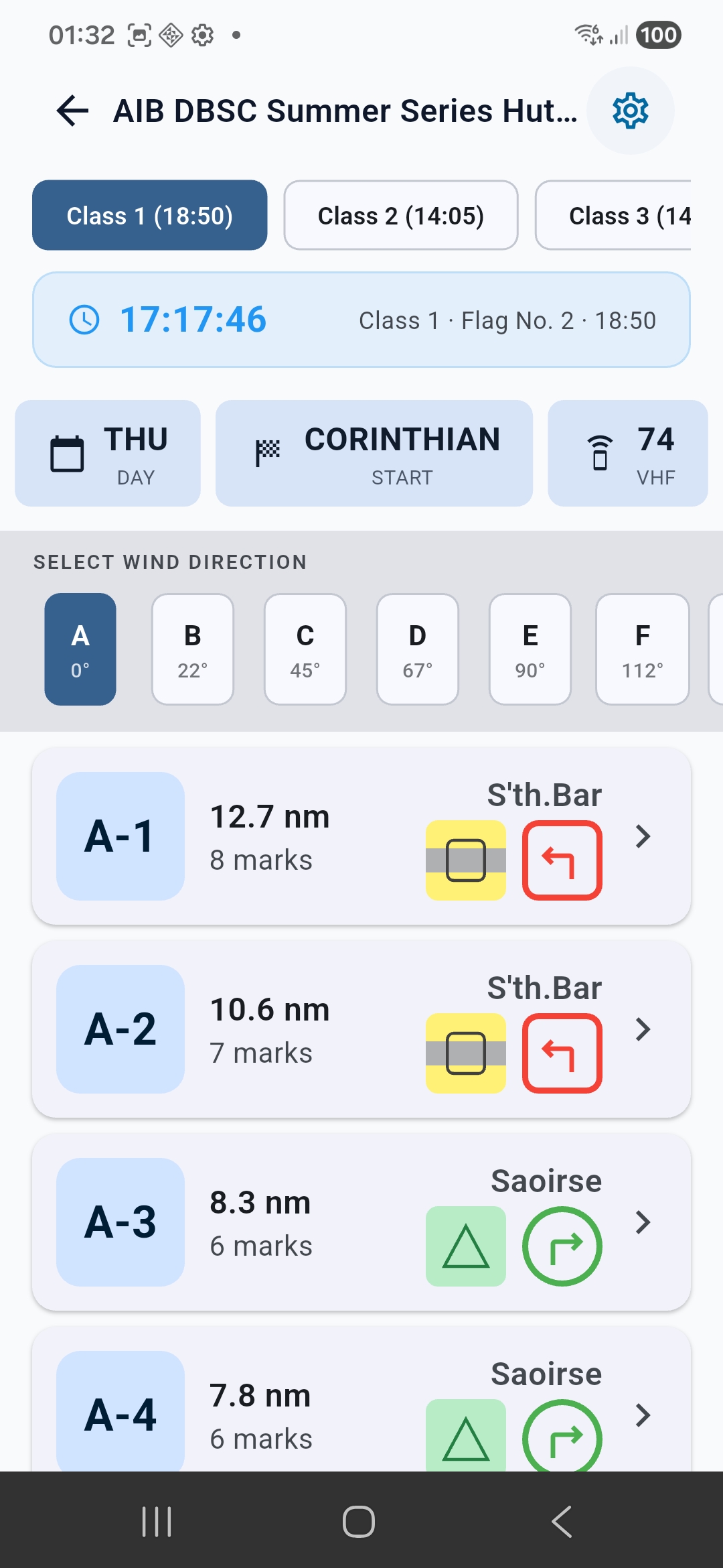 Course list with wind directions